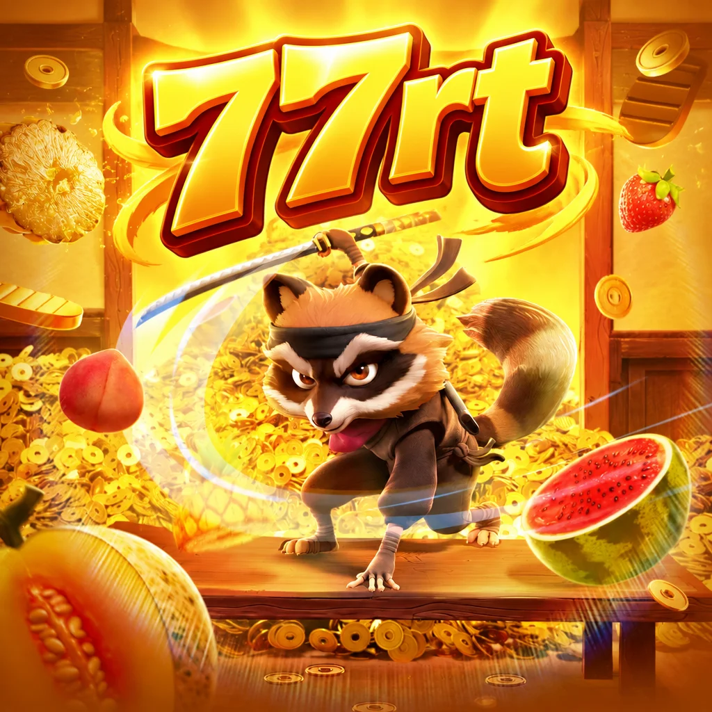 Karakter rakun ninja memegang pedang di antara potongan buah dan logo 77rt